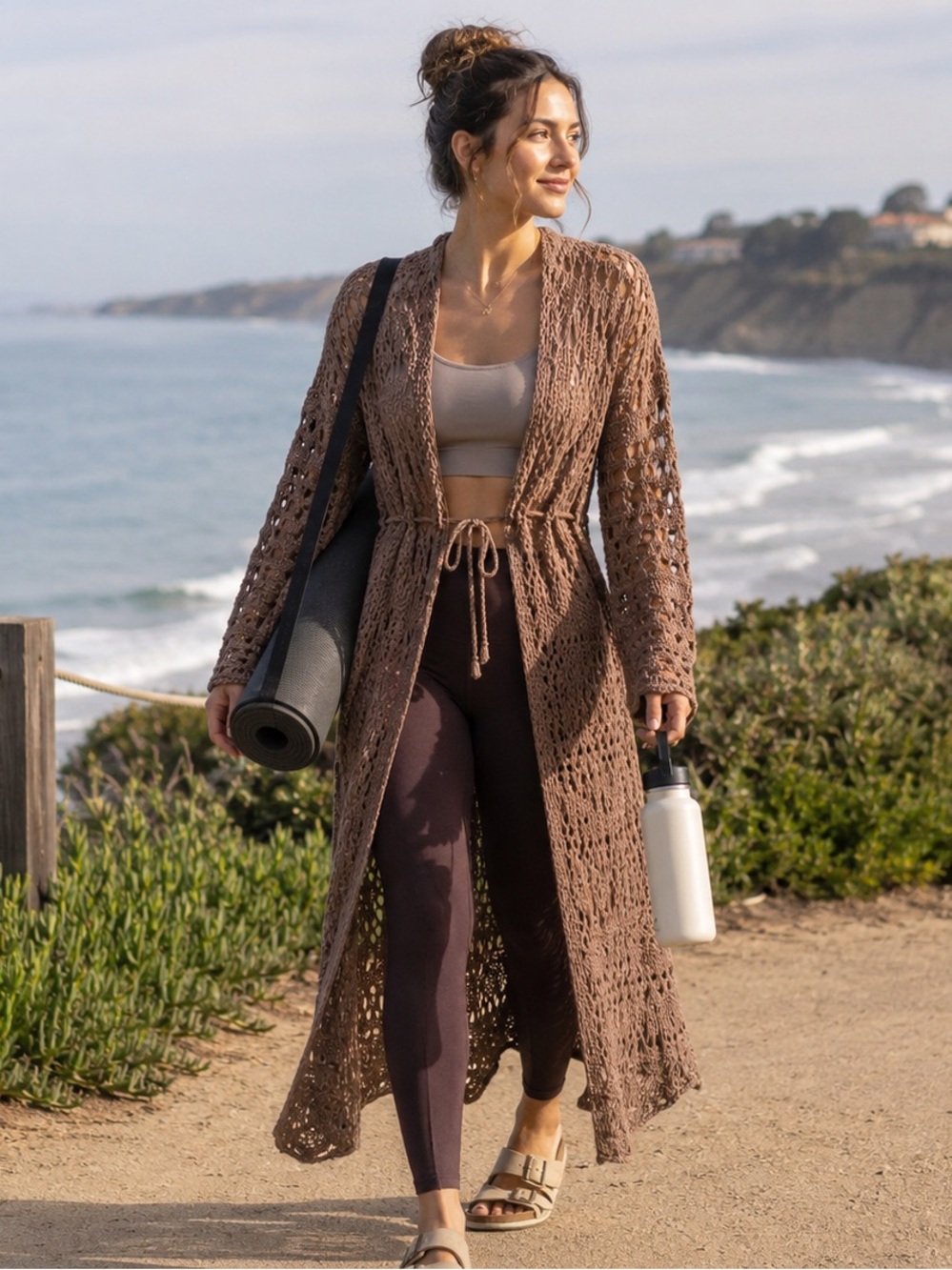 Free People Crochet Knit Duster Cardigan XS/S Boho Open Front Tie Waist Longline